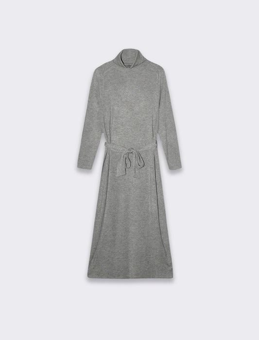 Long Sleeve Belted Maxi Dress with High Neck - Grey