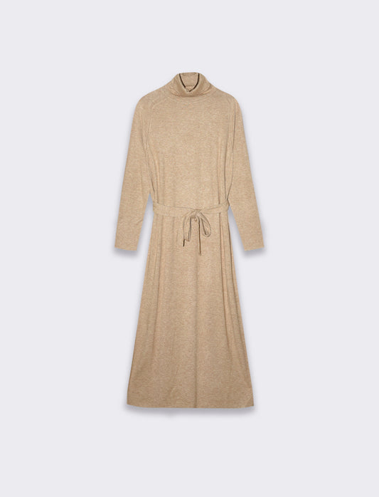 Long Sleeve Belted Maxi Dress with High Neck - Brown