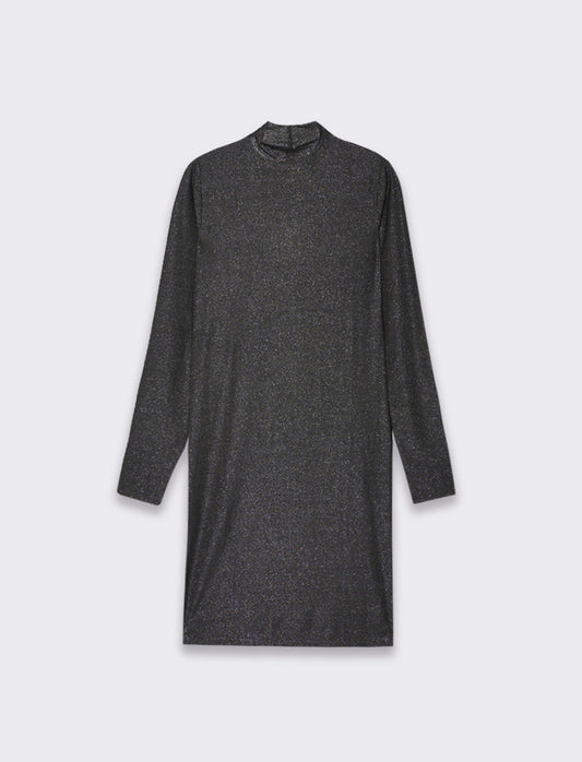 Vestito corto a tubino manica lunga con mezzo collo ad effetto ruches - Nero