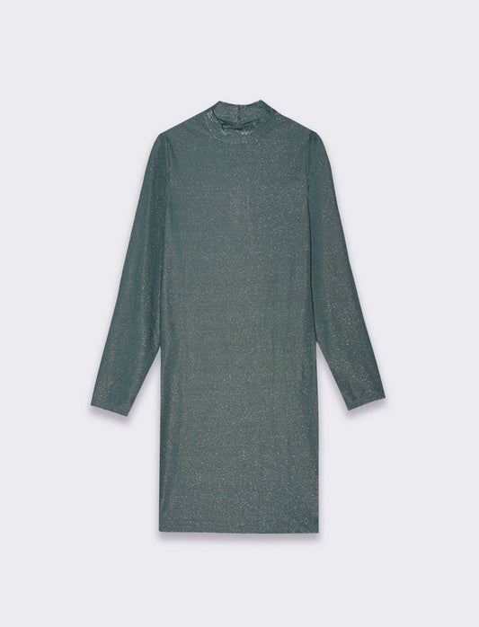 Vestito corto a tubino manica lunga con mezzo collo ad effetto ruches - Verde scuro