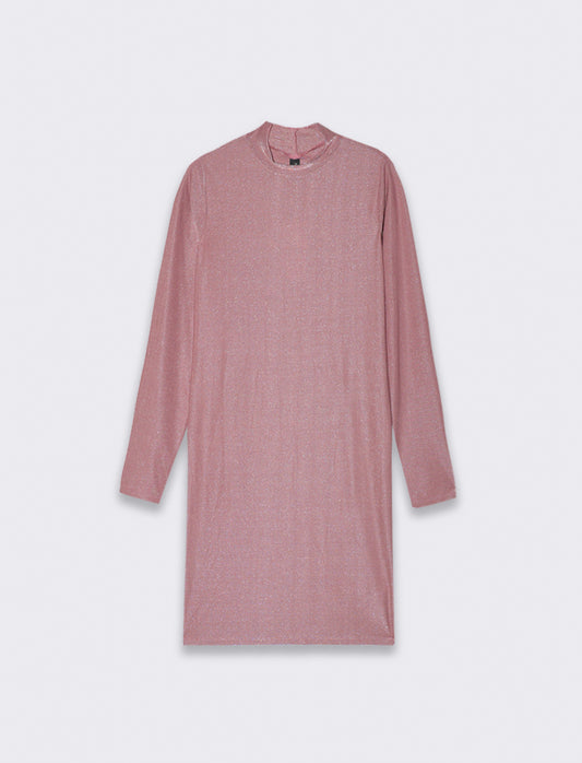 Vestito corto a tubino manica lunga con mezzo collo ad effetto ruches - Rosa