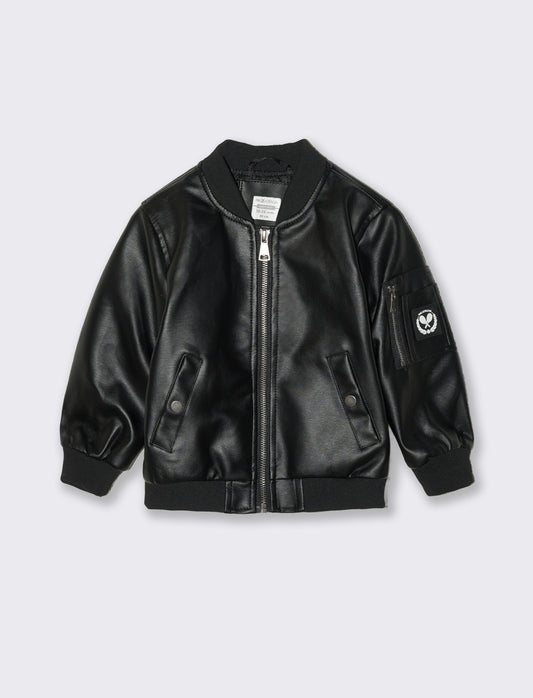 Giubbino bomber in eco-pelle con tasche - Nero
