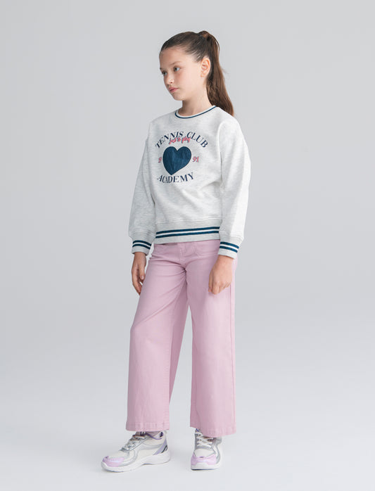 Felpa girocollo con patch denim per bimba - Grigio mel.