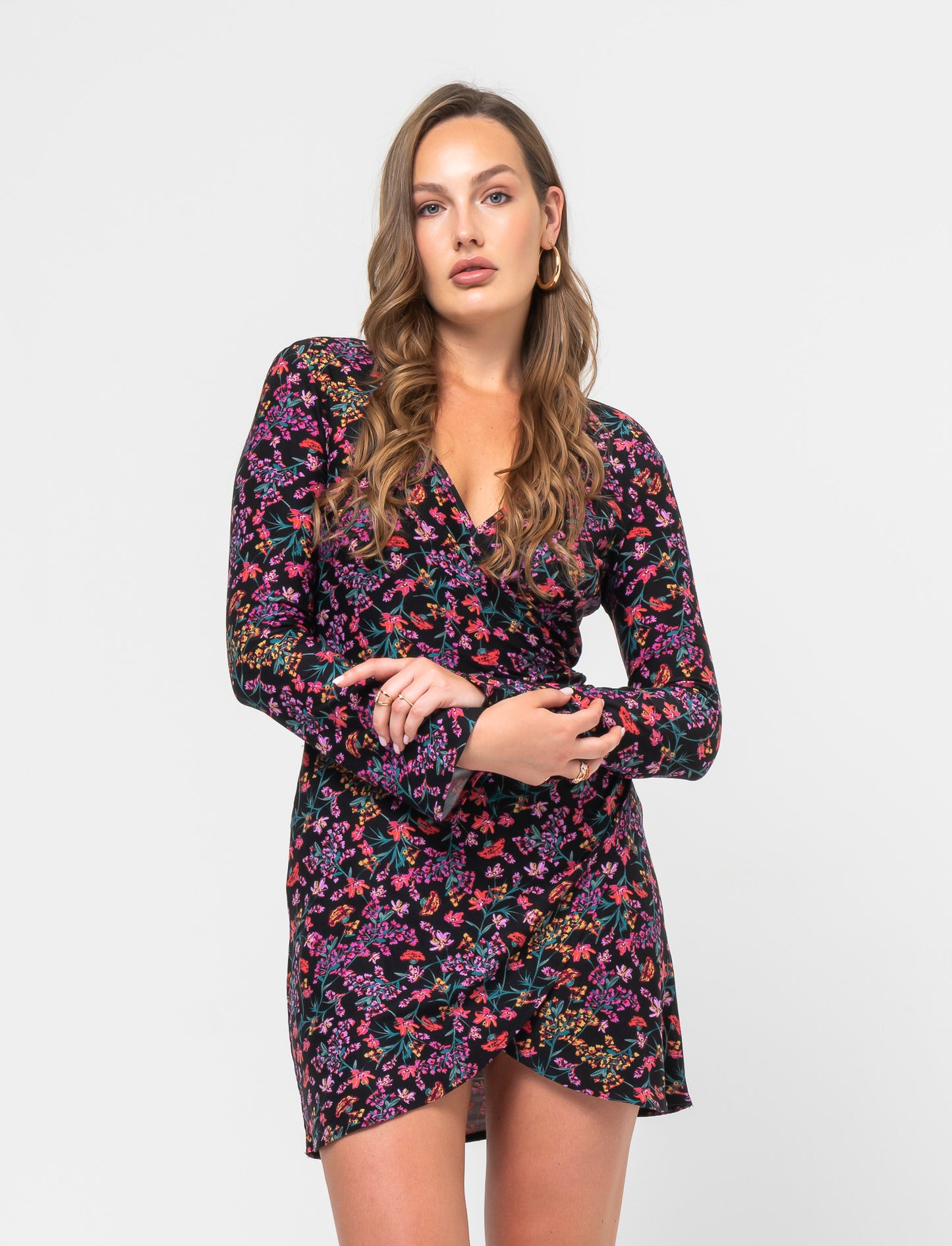 Printed Short Dress with Draped Front Panel and Elastic Back, Long Sleeve - 