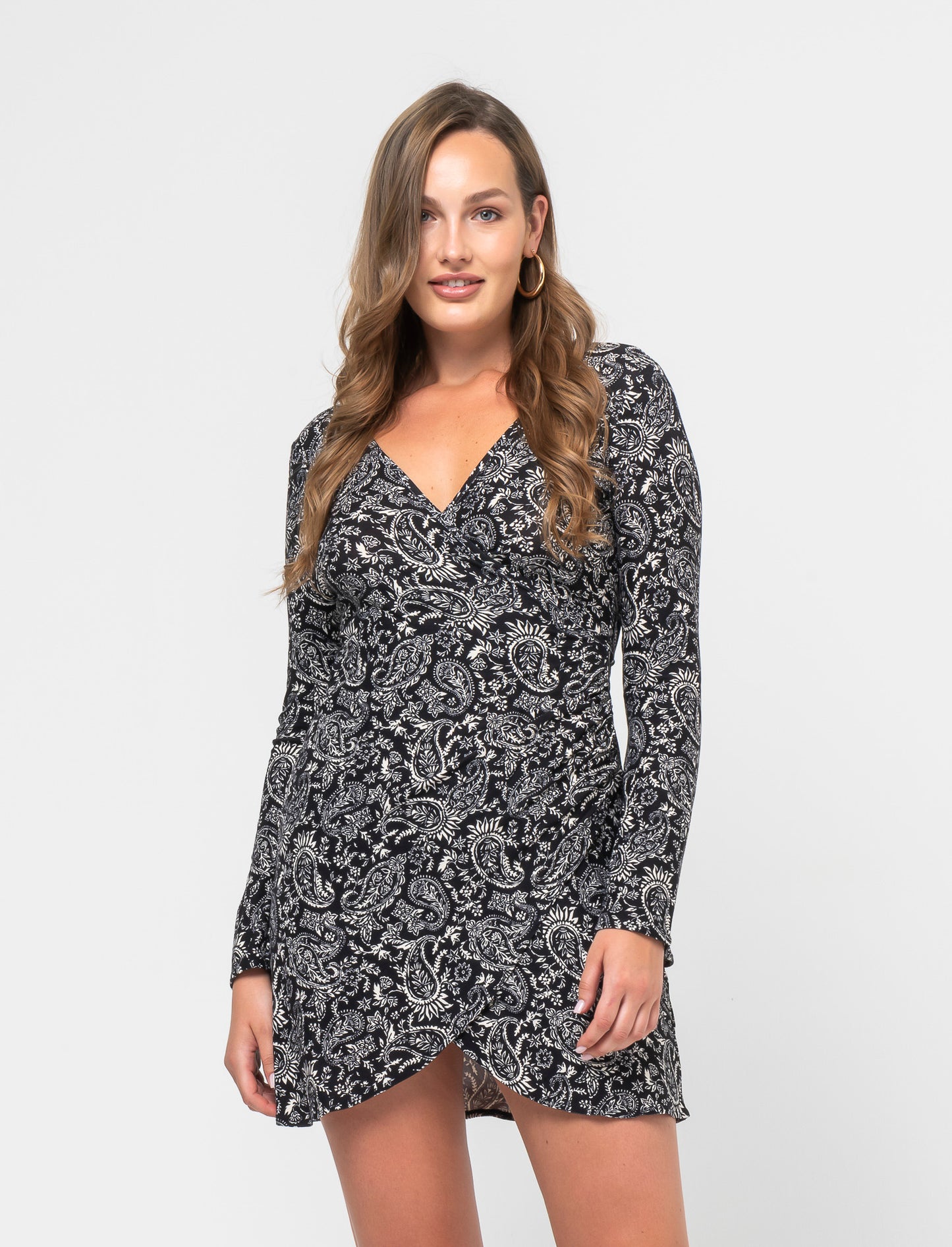 Printed Short Dress with Draped Front Panel and Elastic Back, Long Sleeve - 