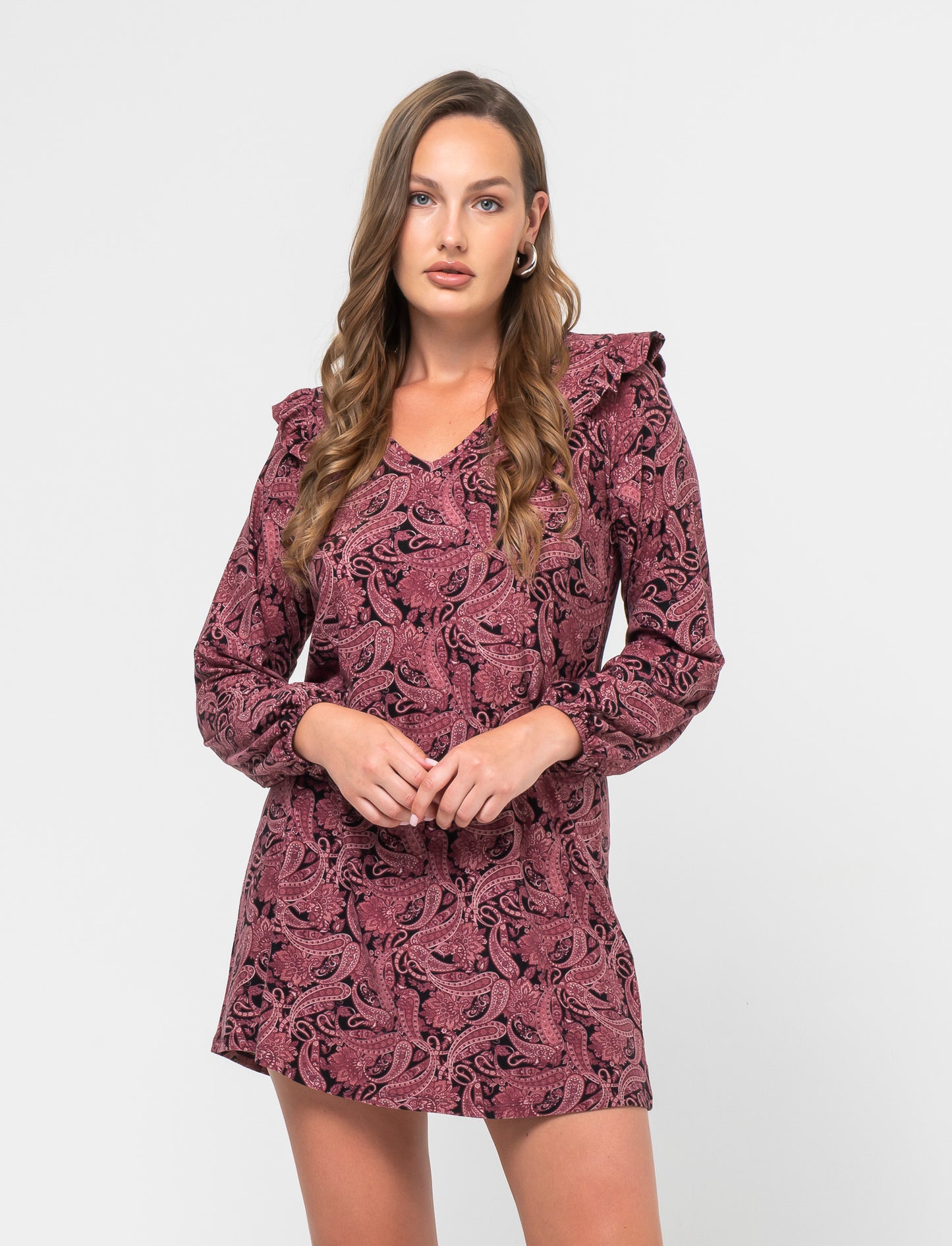 Printed Short Dress with V-Neck, Long Sleeves and Ruffle Shoulder - 