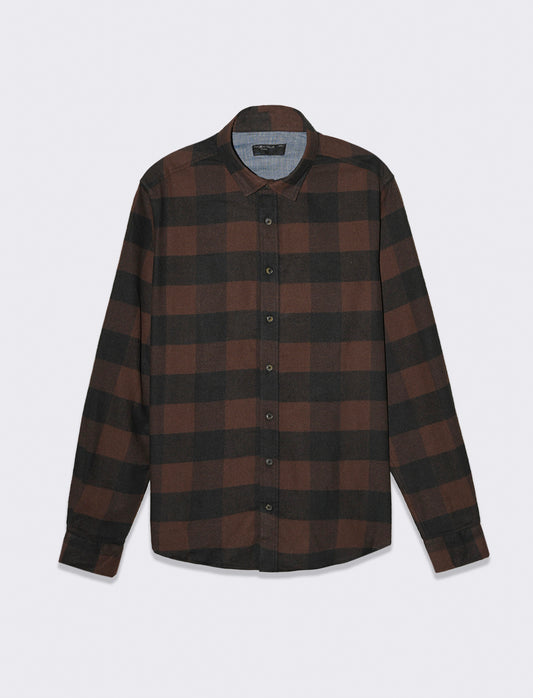 Men's Flannel Cotton Regular Fit Shirt with Italian Collar - Brown