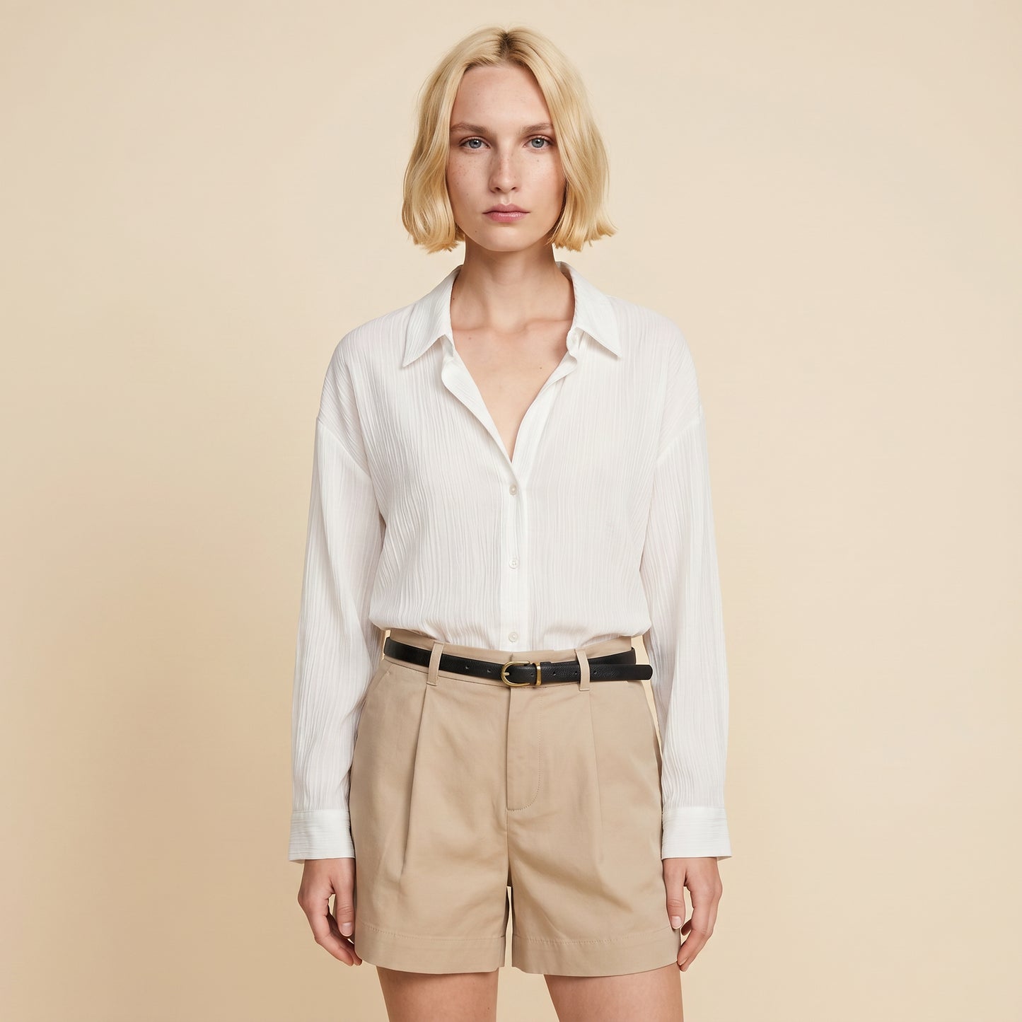 Bermuda in cotone con cintura - Beige corda