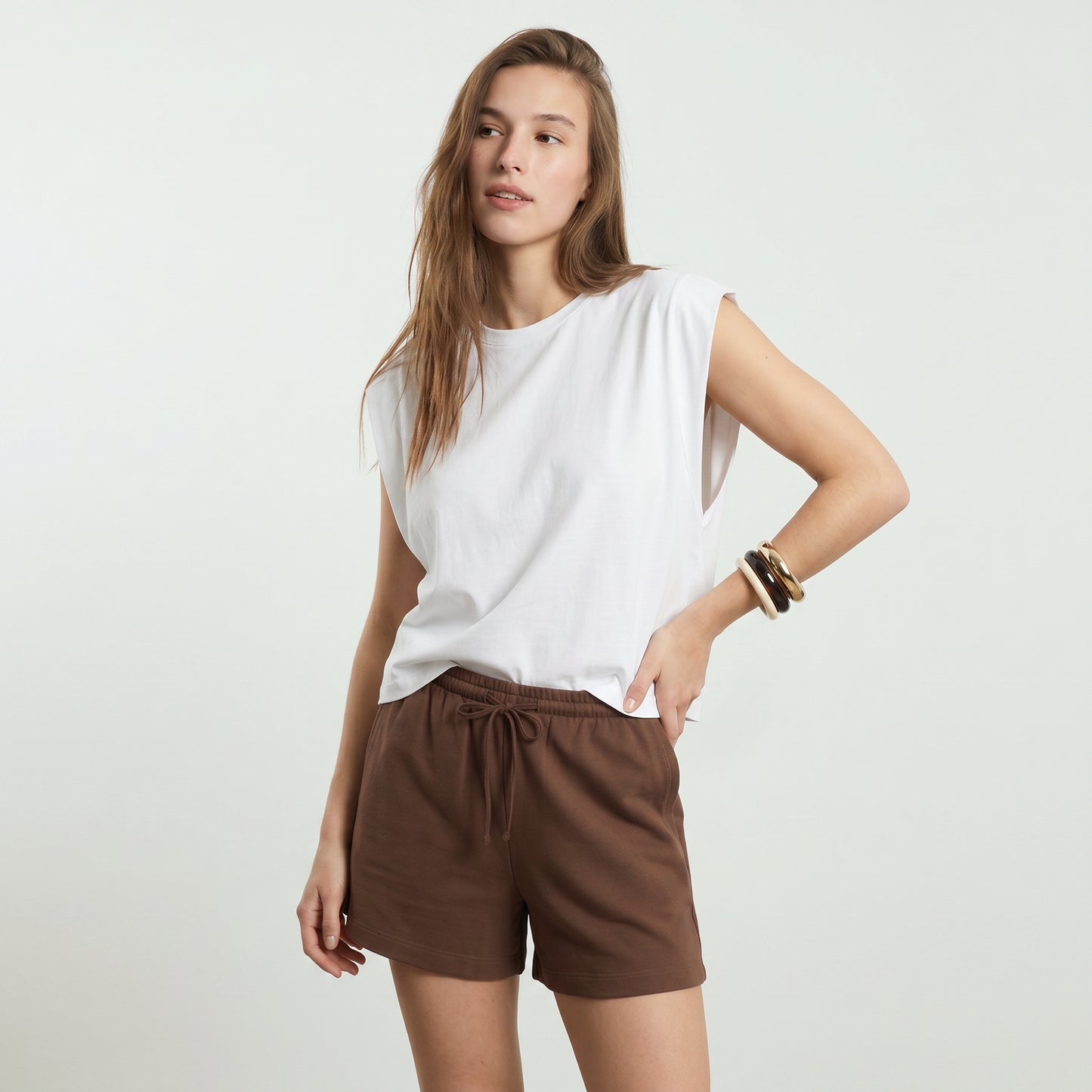 Short in cotone con coulisse e tasche - Marrone cioccolato
