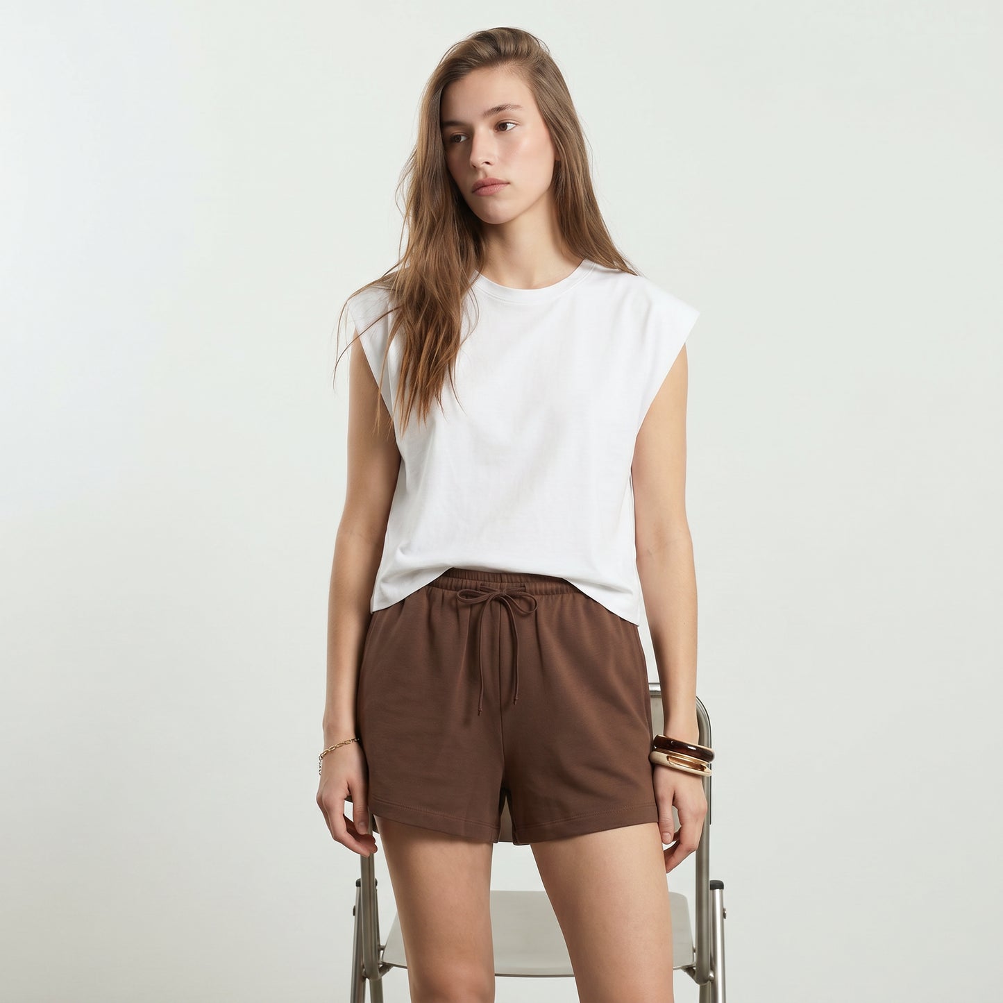 Short in cotone con coulisse e tasche - Marrone cioccolato