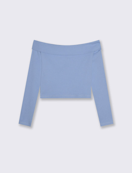 T- shirt da bambina in costina con scollo a barca. - Azzurro
