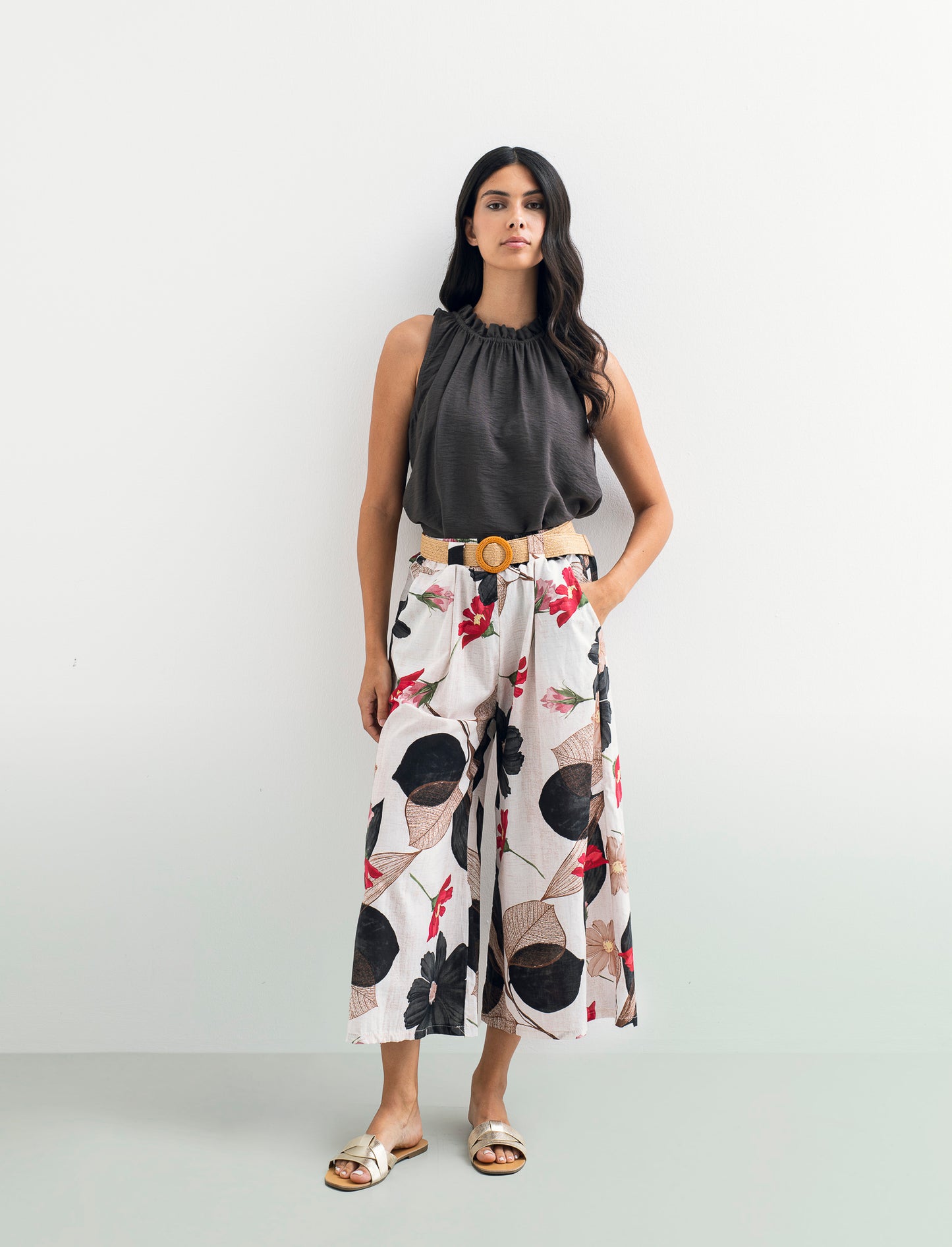 Pantalone in cotone stampato con cintura - var 1