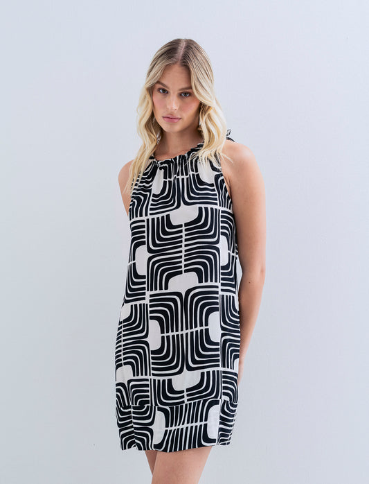 Vestito in viscosa stampato con arriccio - Nero