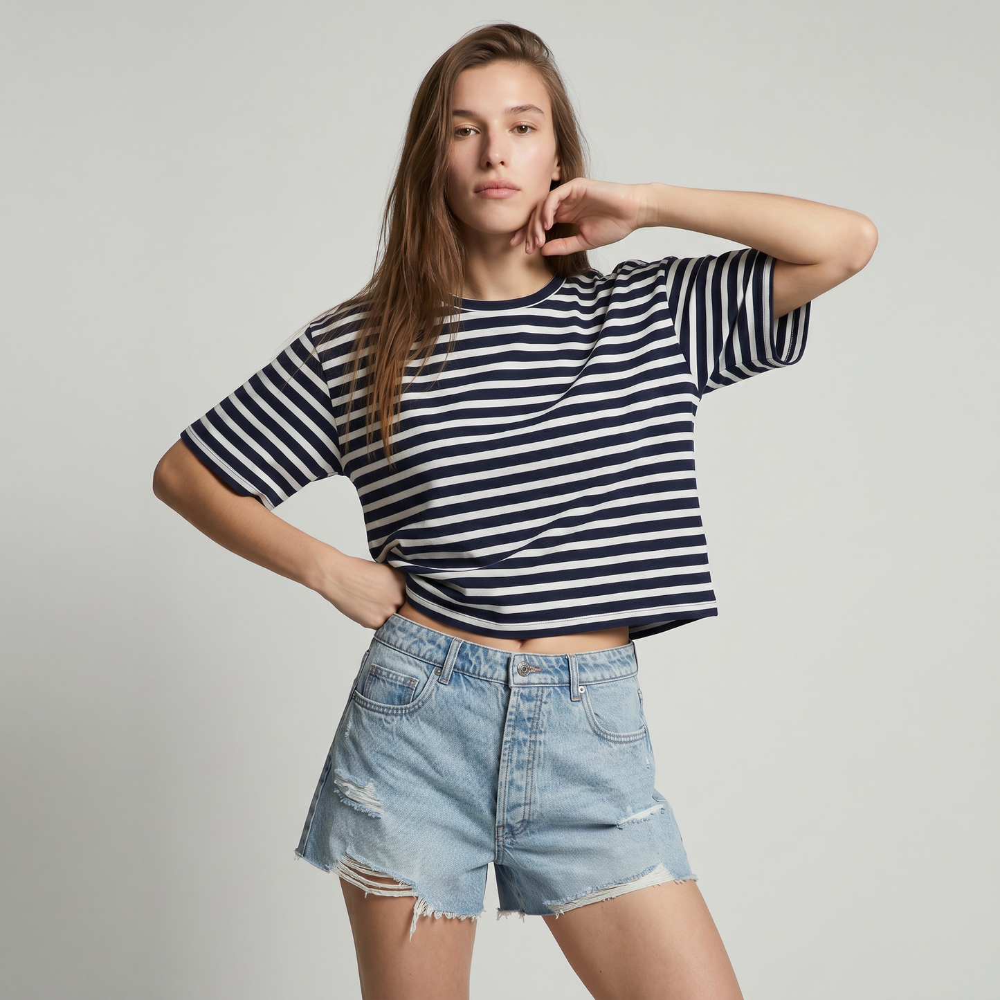 Short in denim a vita alta sfrangiato - Denim