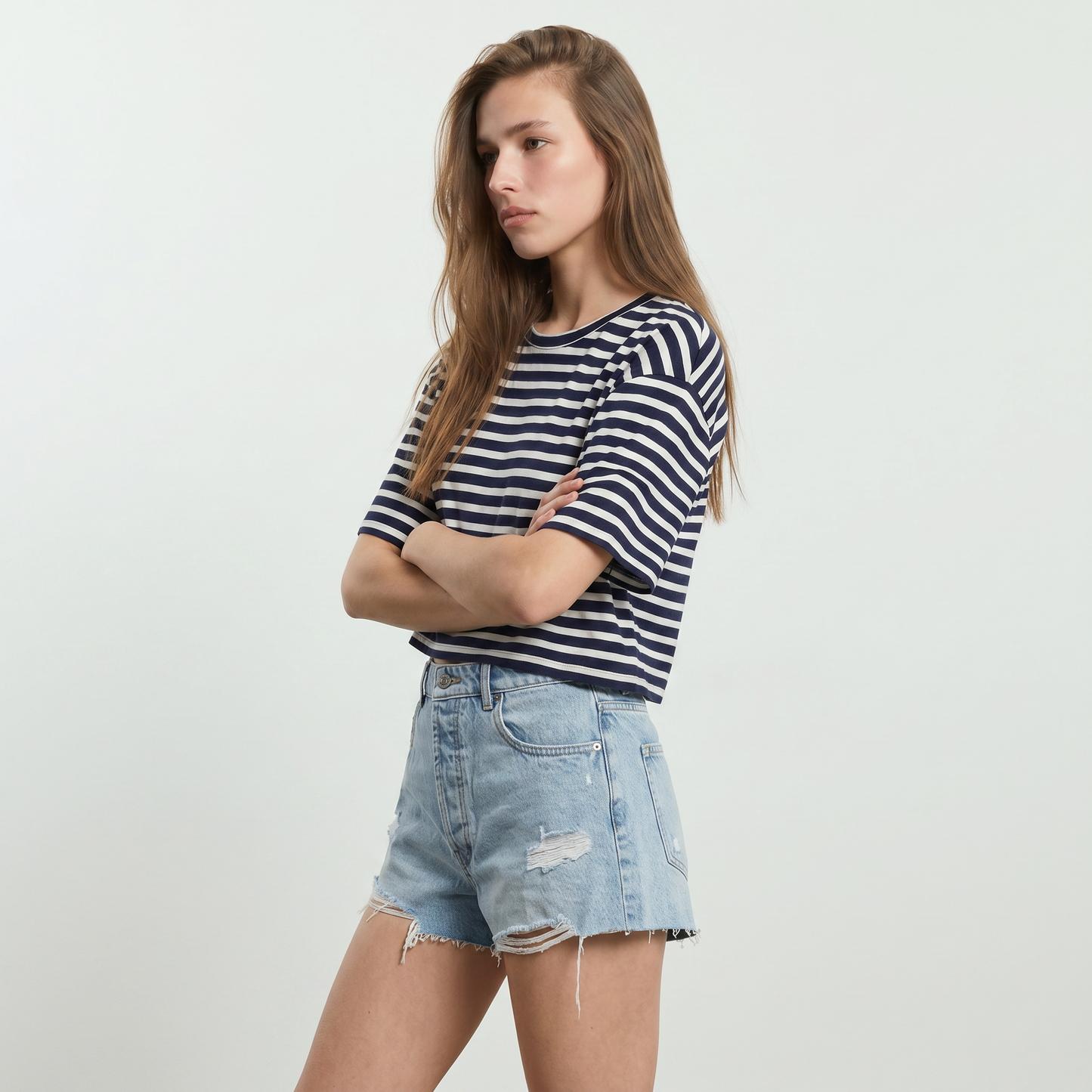 Short in denim a vita alta sfrangiato - Denim