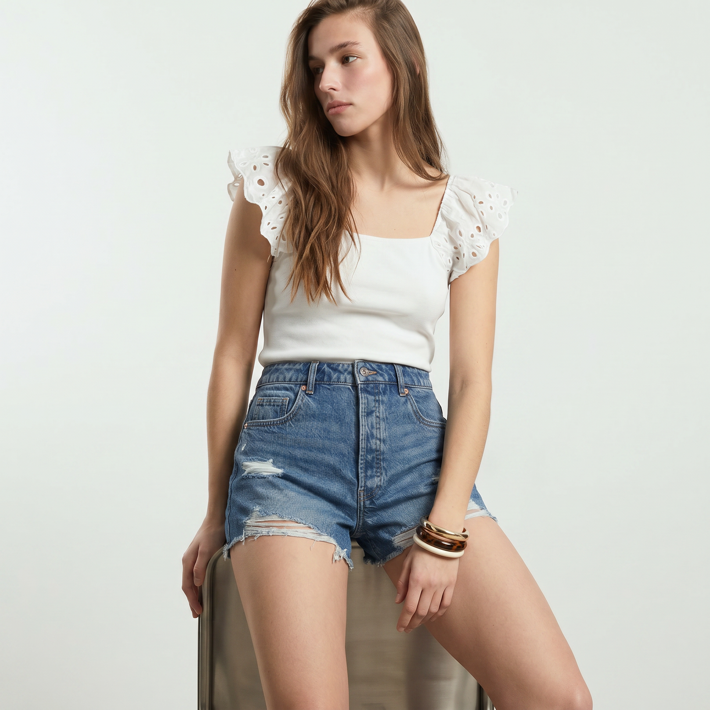 Short in denim a vita alta sfrangiato - DENIM SCURO