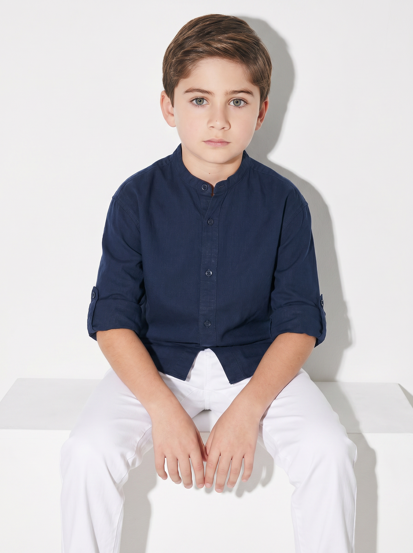 Long Sleeve Shirt with Korean Collar - Blue