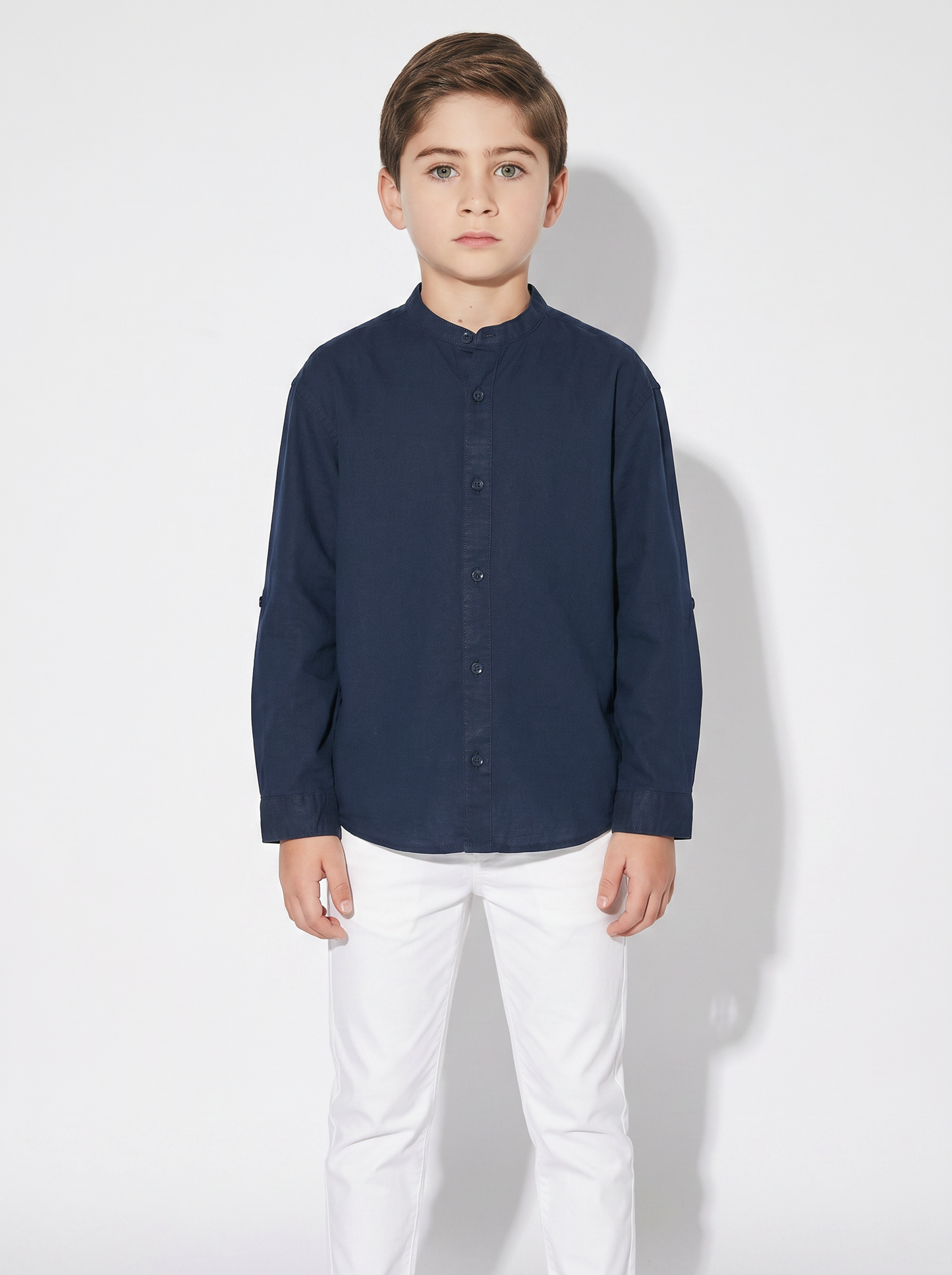 Long Sleeve Shirt with Korean Collar - Blue