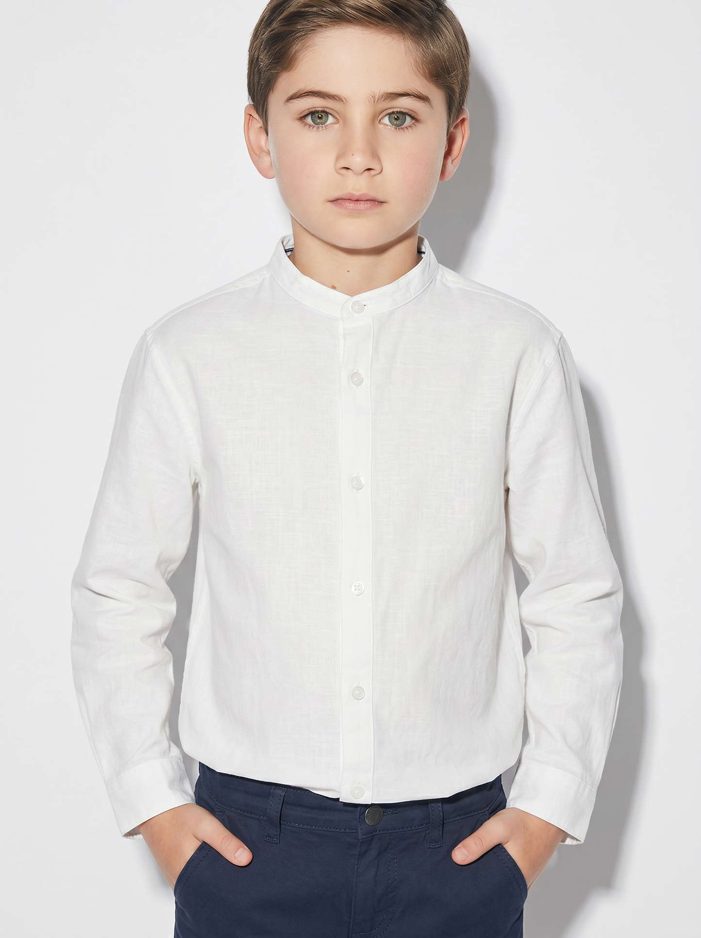 Long Sleeve Shirt with Korean Collar - White