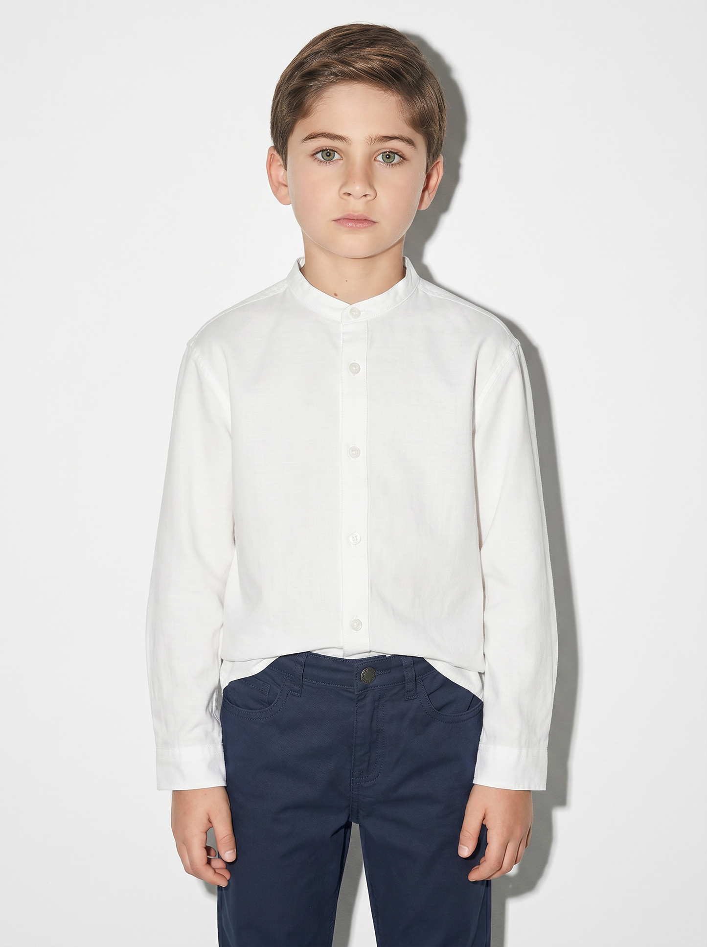 Long Sleeve Shirt with Korean Collar - White