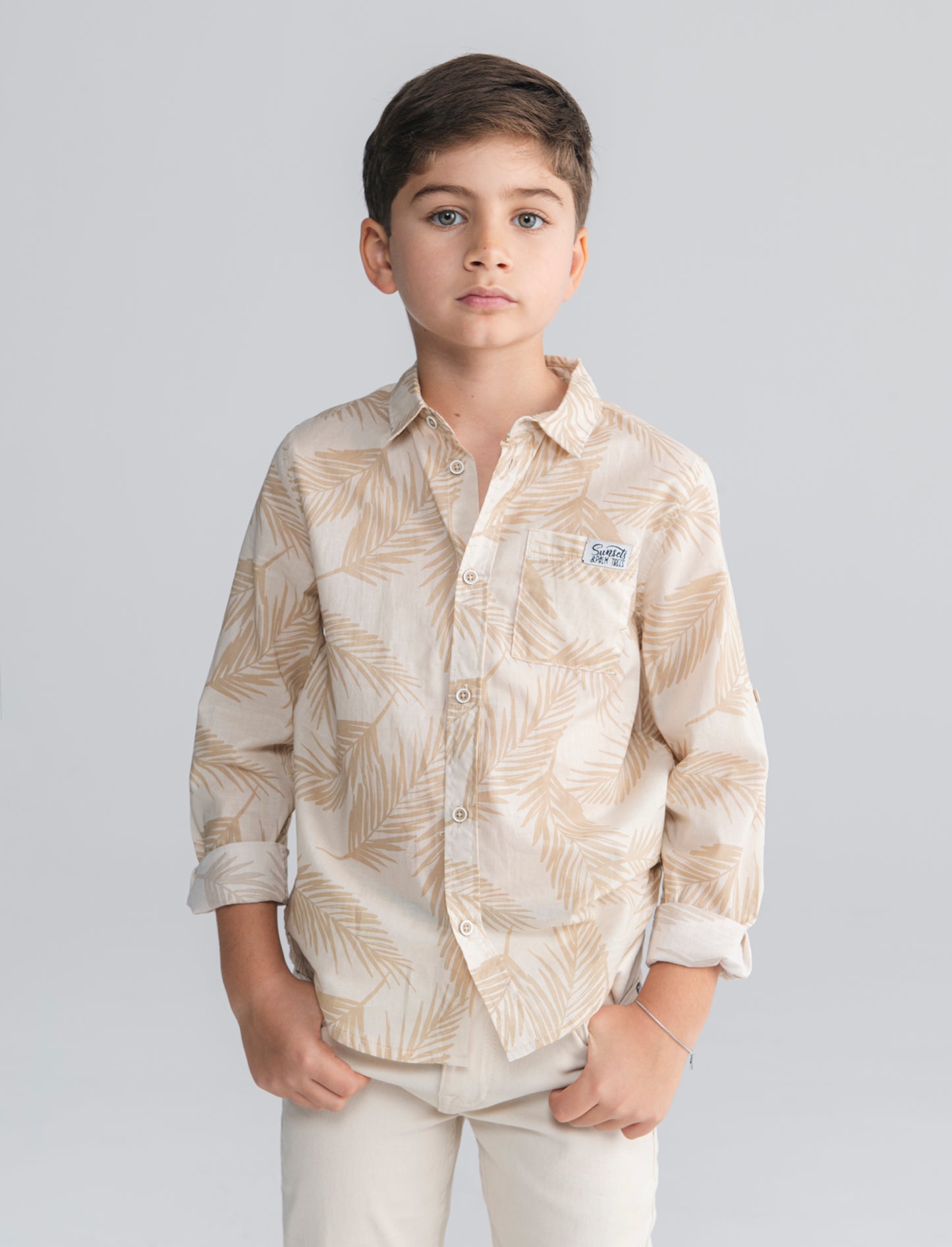 Camicia in cotone con fantasia casual - Beige