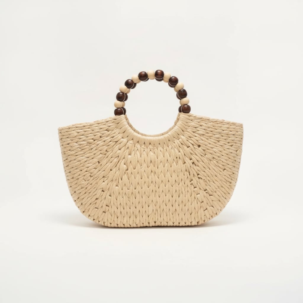Borsa donna rigida manici palline legno - Bianco natural