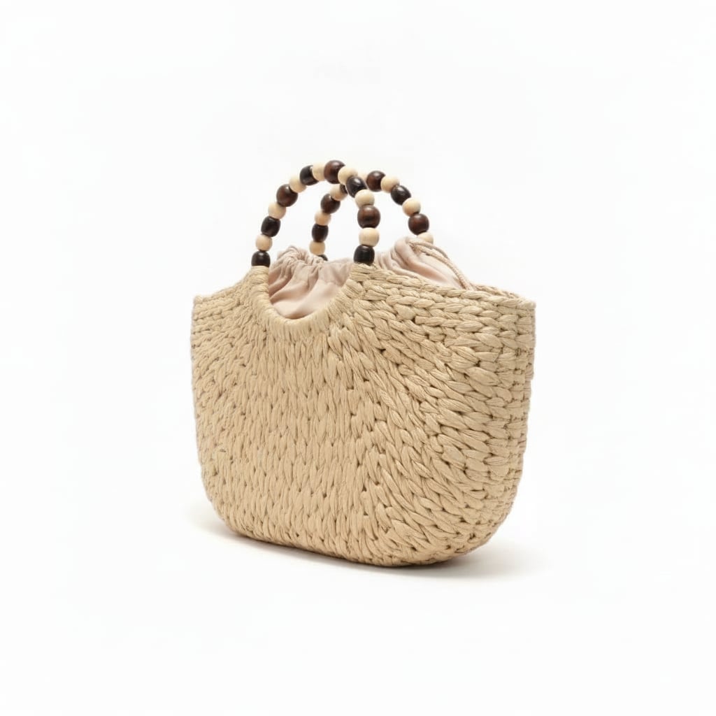 Borsa donna rigida manici palline legno - Bianco natural