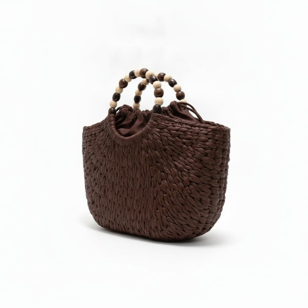 Borsa donna rigida manici palline legno - Moro