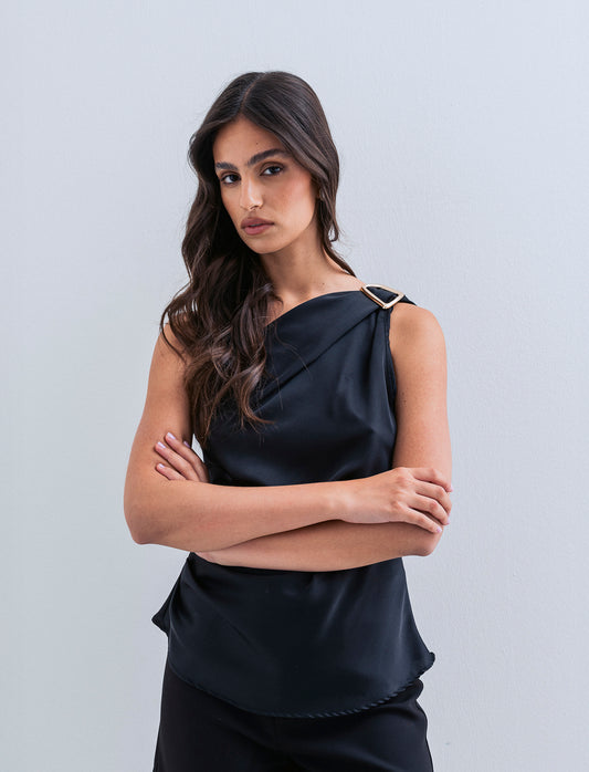 Top raso monospalla con accessorio - Nero