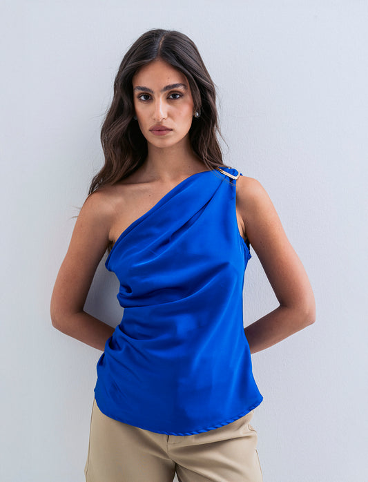 Top raso monospalla con accessorio - Bluette