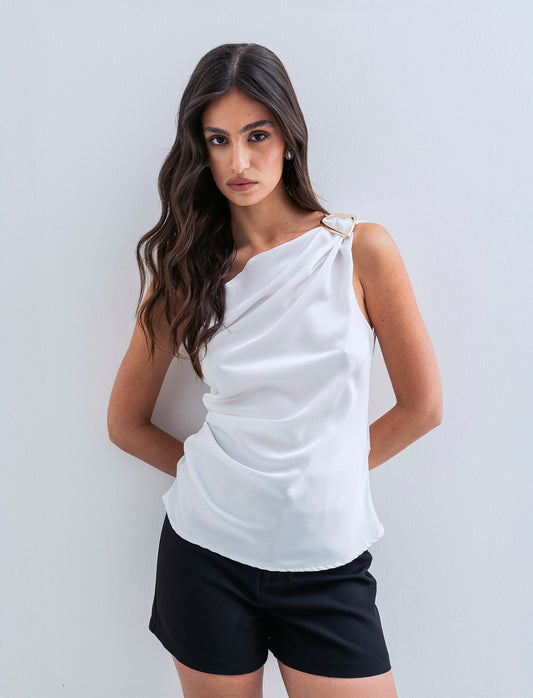 Top raso monospalla con accessorio - Bianco