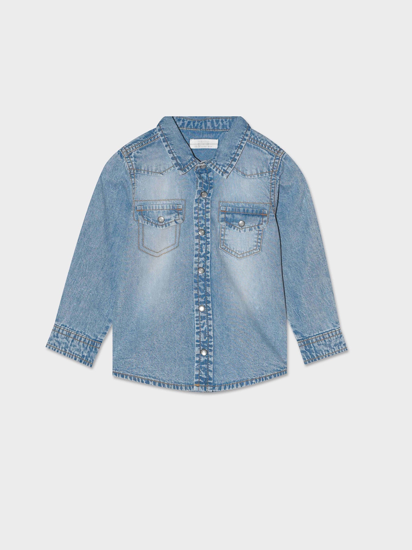 Denim Baby Shirt: Long Sleeve Cotton Snap Button for Daily Outfits - Blue