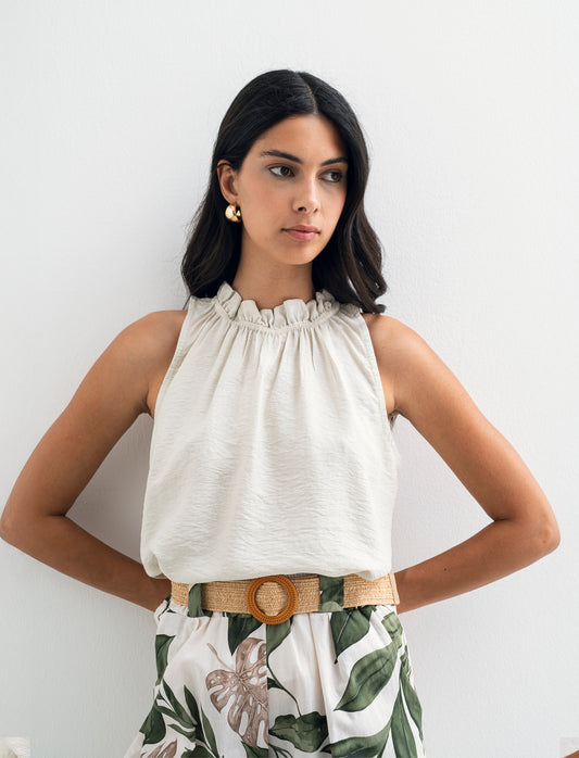 Top in cotone lavato con arriccio sul collo - Beige