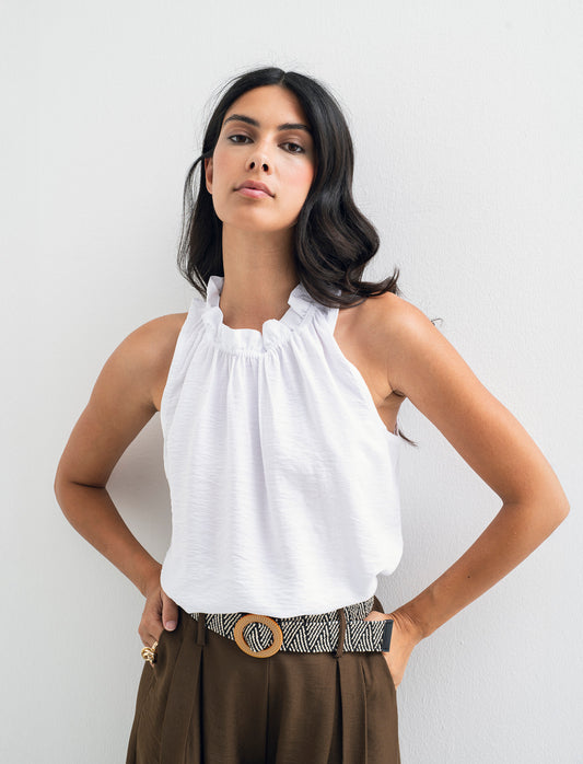 Top in cotone lavato con arriccio sul collo - Bianco