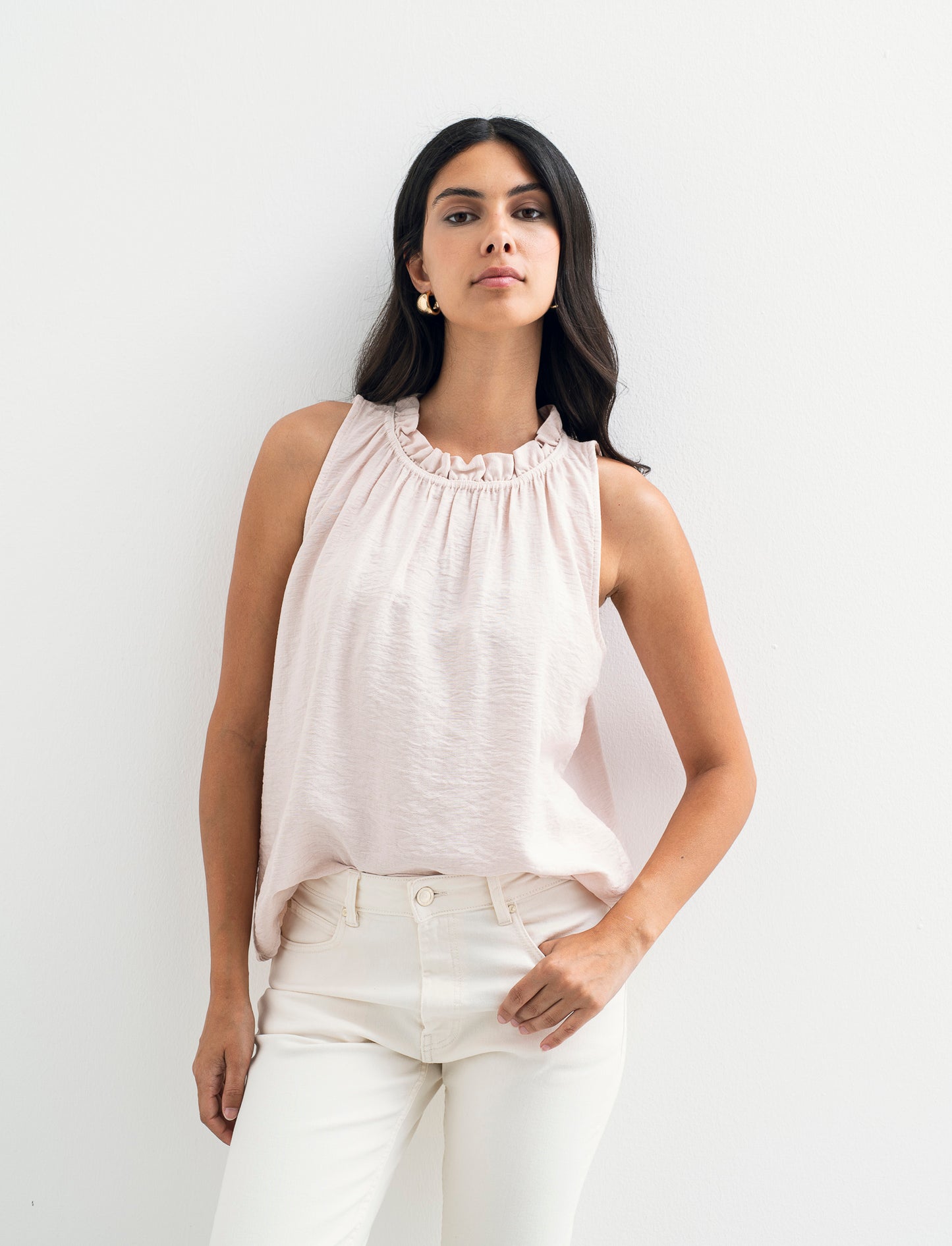 Top in cotone lavato con arriccio sul collo - Rosa