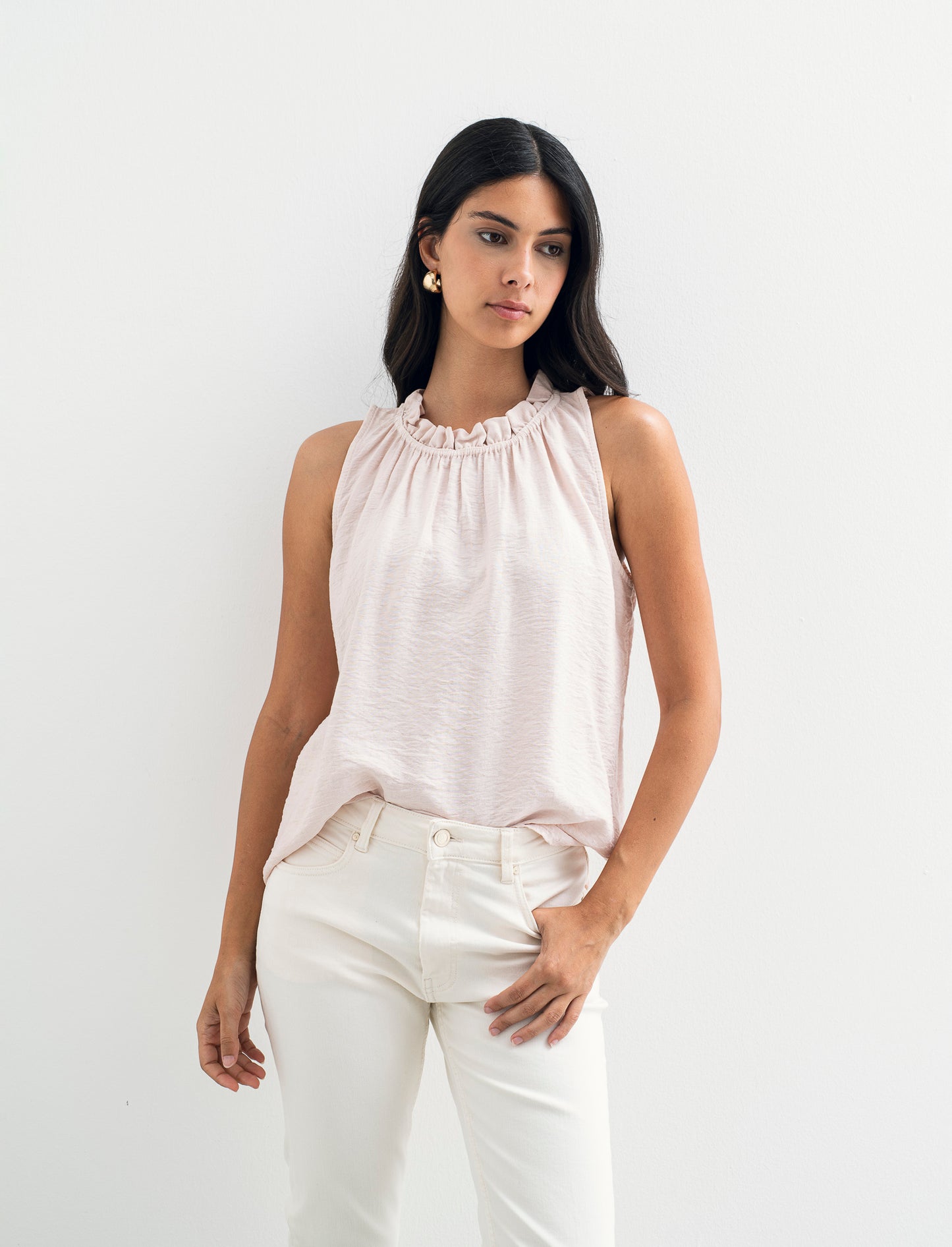 Top in cotone lavato con arriccio sul collo - Rosa