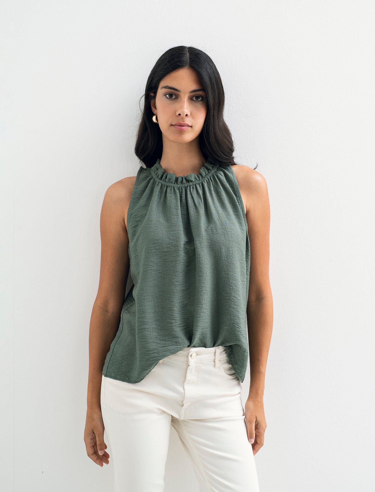 Top in cotone lavato con arriccio sul collo - Verde militare