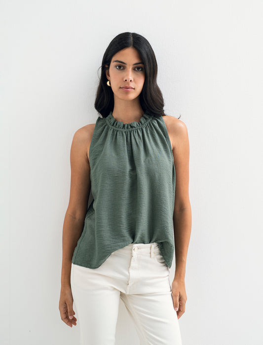 Top in cotone lavato con arriccio sul collo - Verde militare