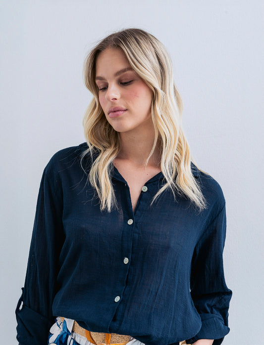 CAMICIA LUNGA IN COTONE - Blu