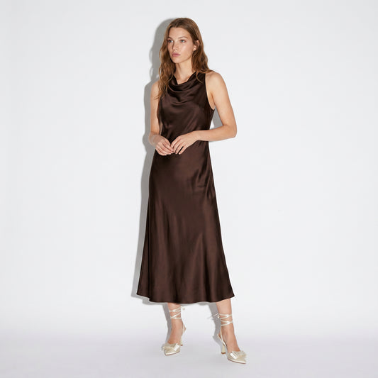 Vestito lungo in sbieco senza maniche - Cacao