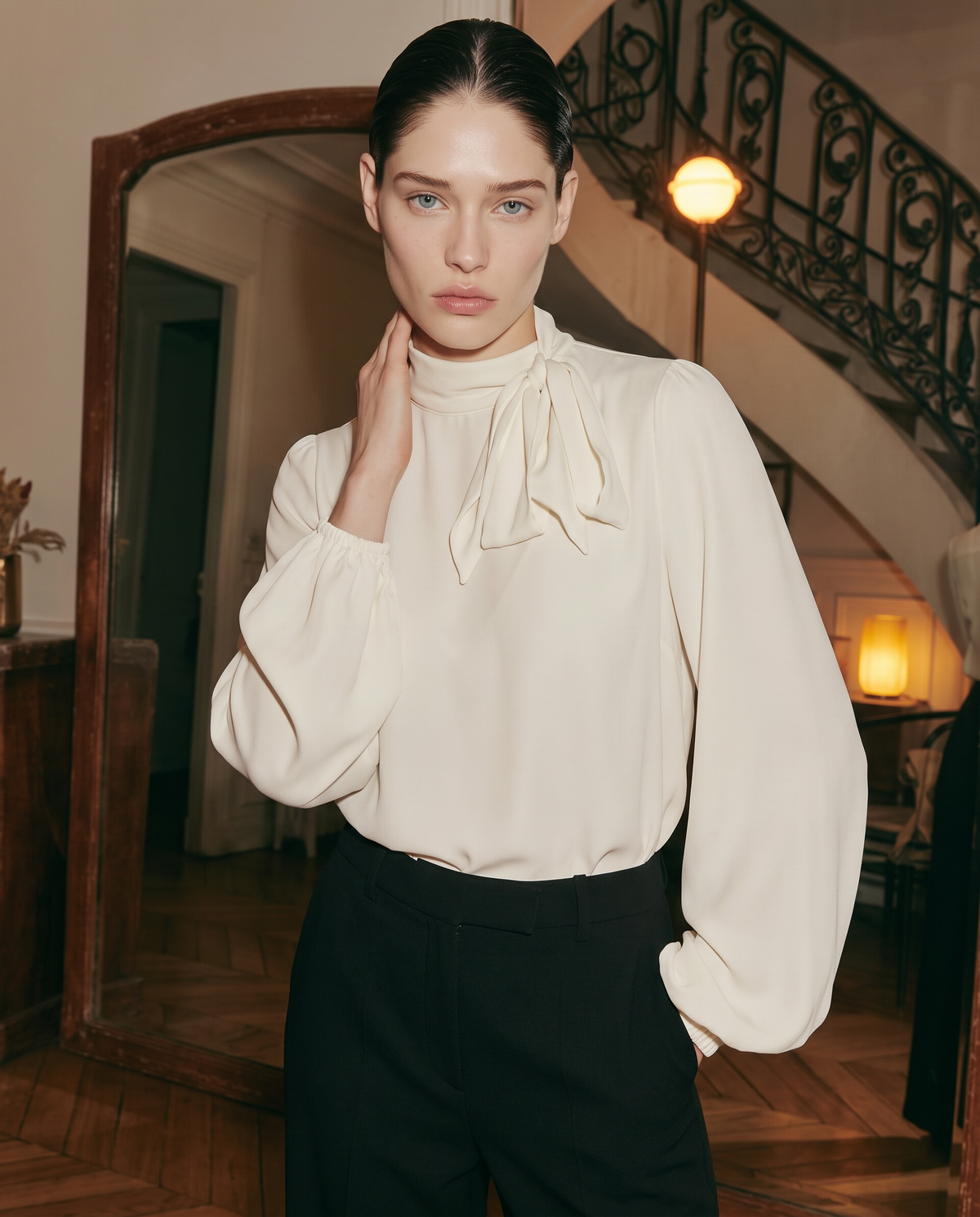 Blusa palloncino con sciarpa - Bianco latte