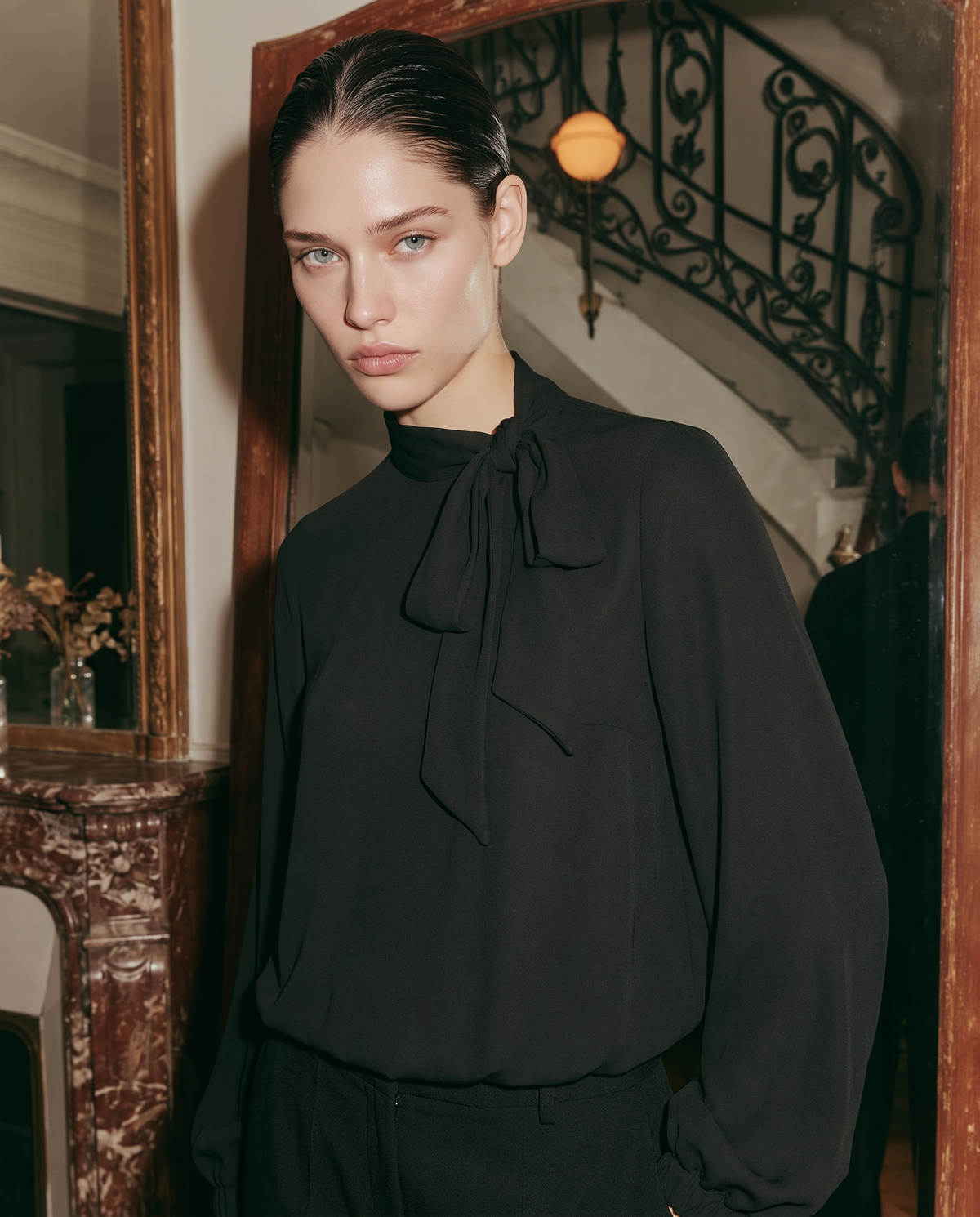Balloon blouse with neck scarf - Black