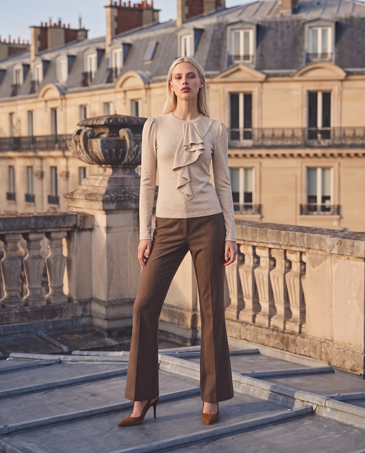 Top with asymmetric ruffles - Beige