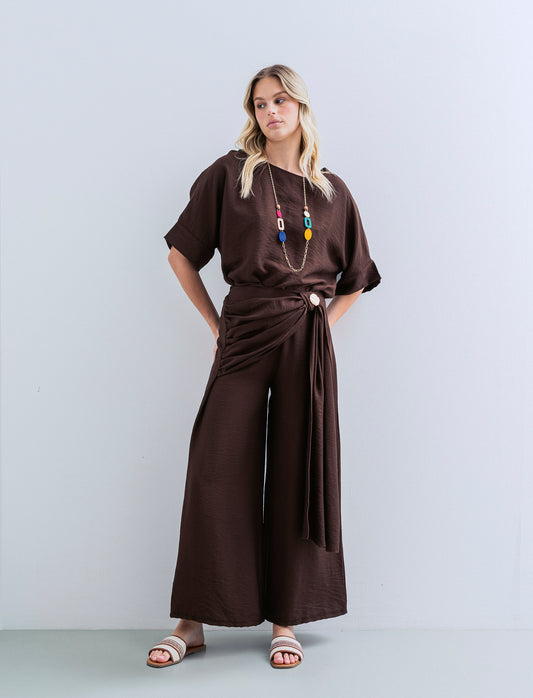 Pantalone largo con fusciacca e bottone - Moro