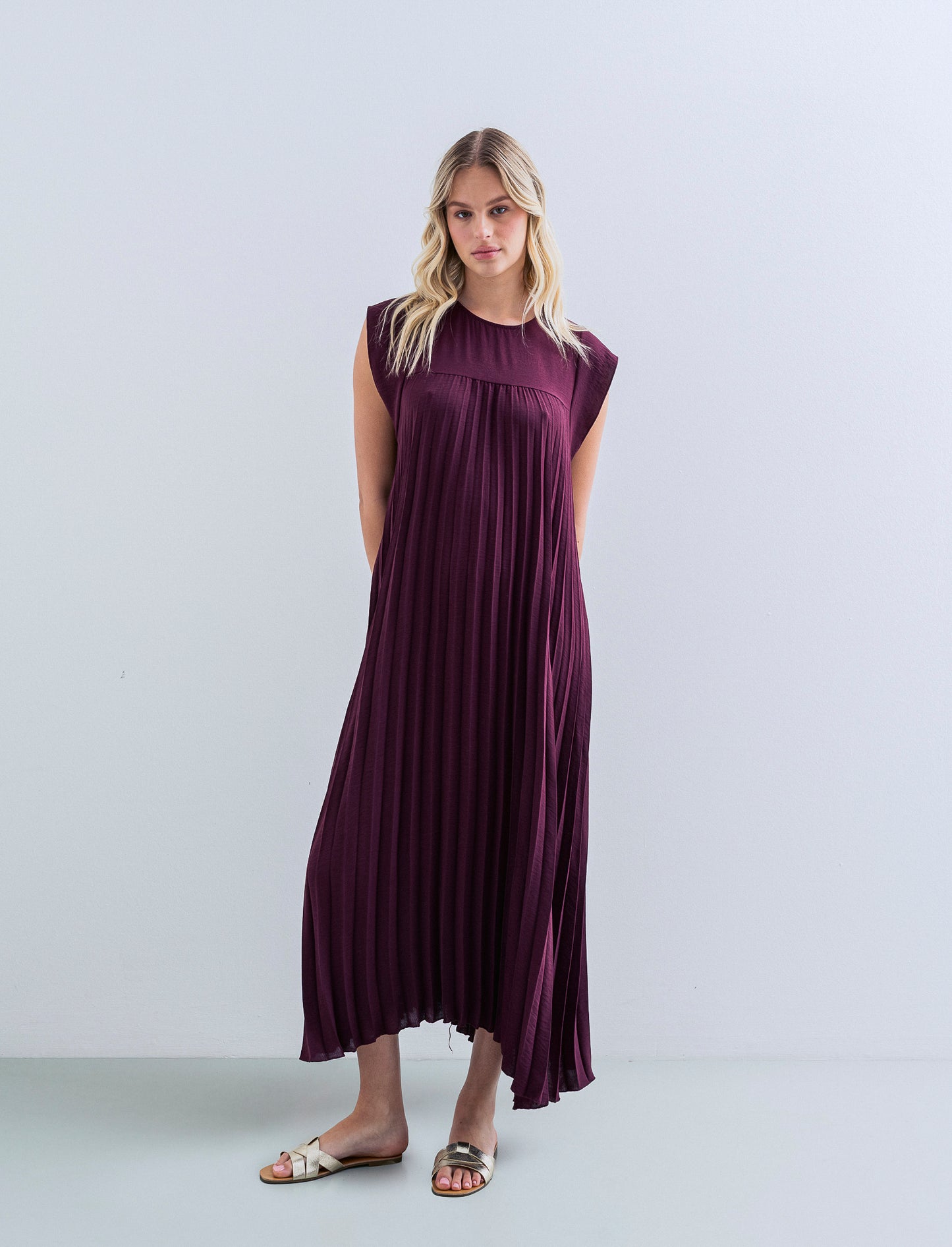 vestito lungo plisset giro manica - Rosso india