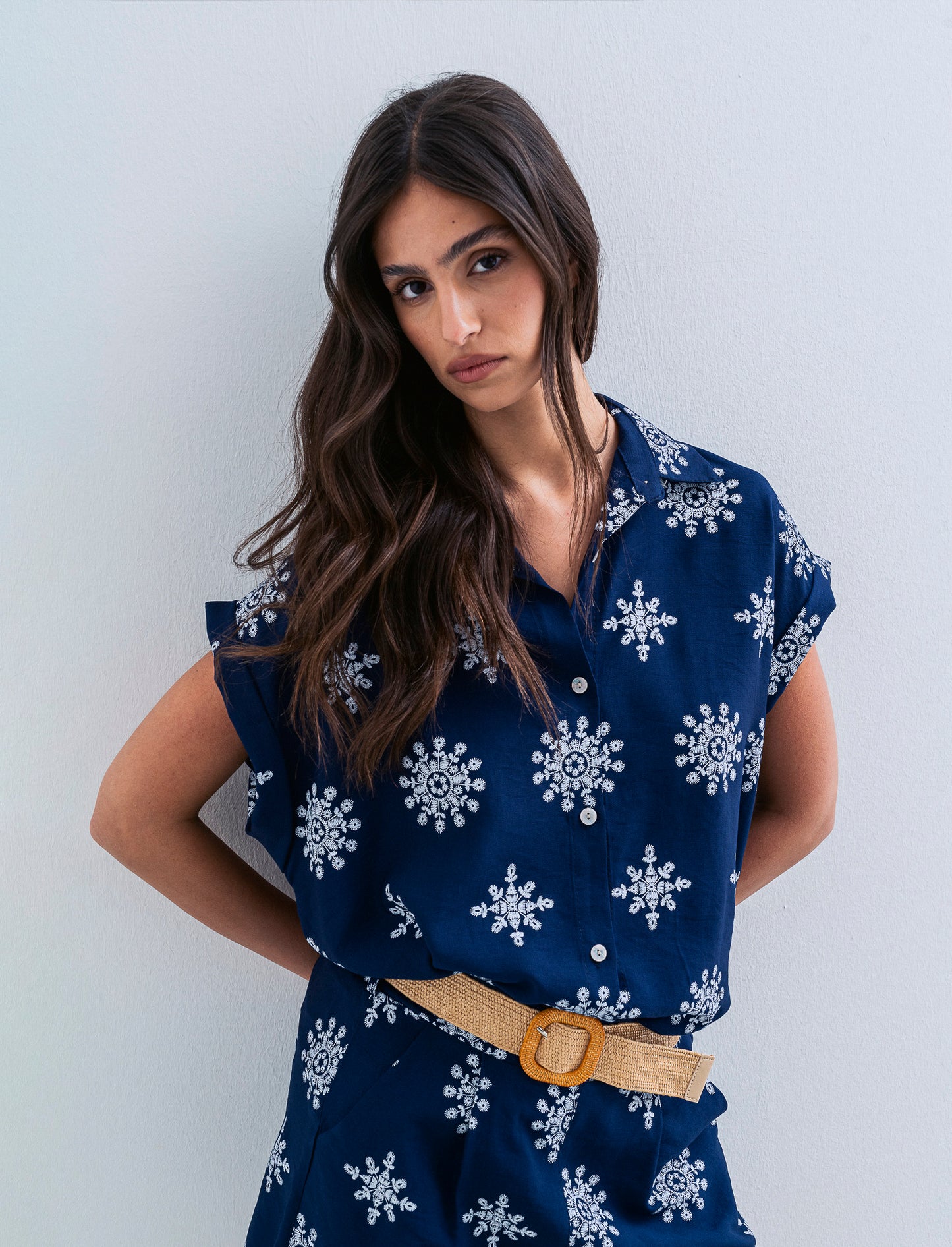 Camicia mezza manica tessuto ricamato - Blu
