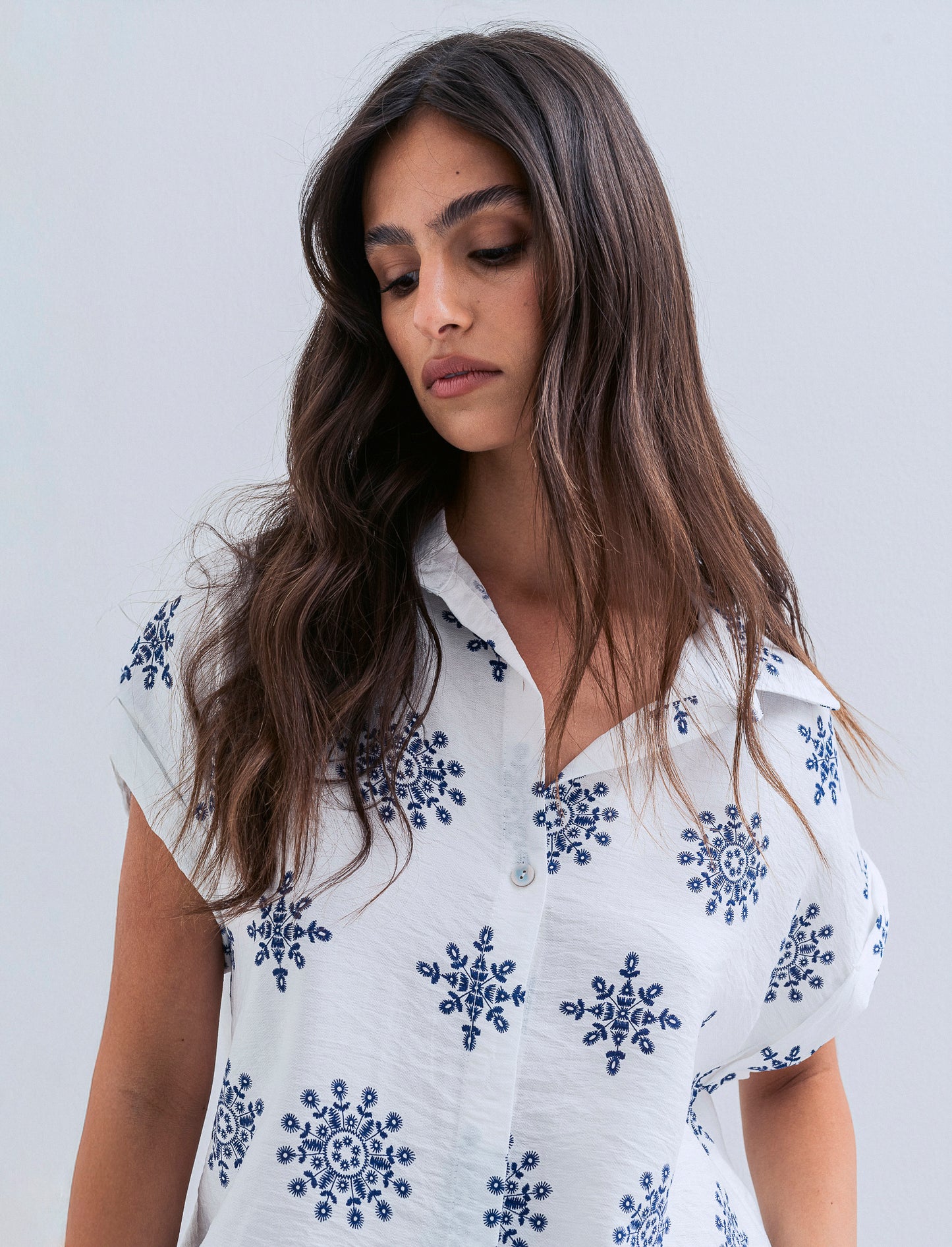 Camicia mezza manica tessuto ricamato - Bianco