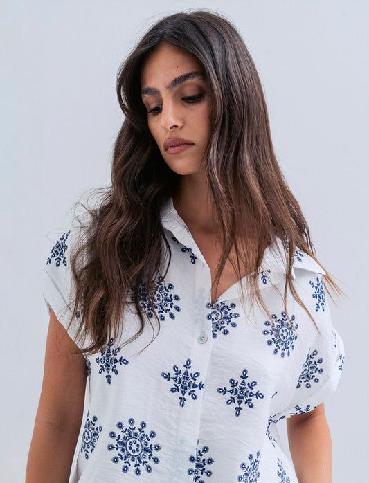 Camicia mezza manica tessuto ricamato - Bianco