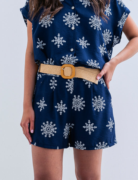 Short stampato con cintura - Blu