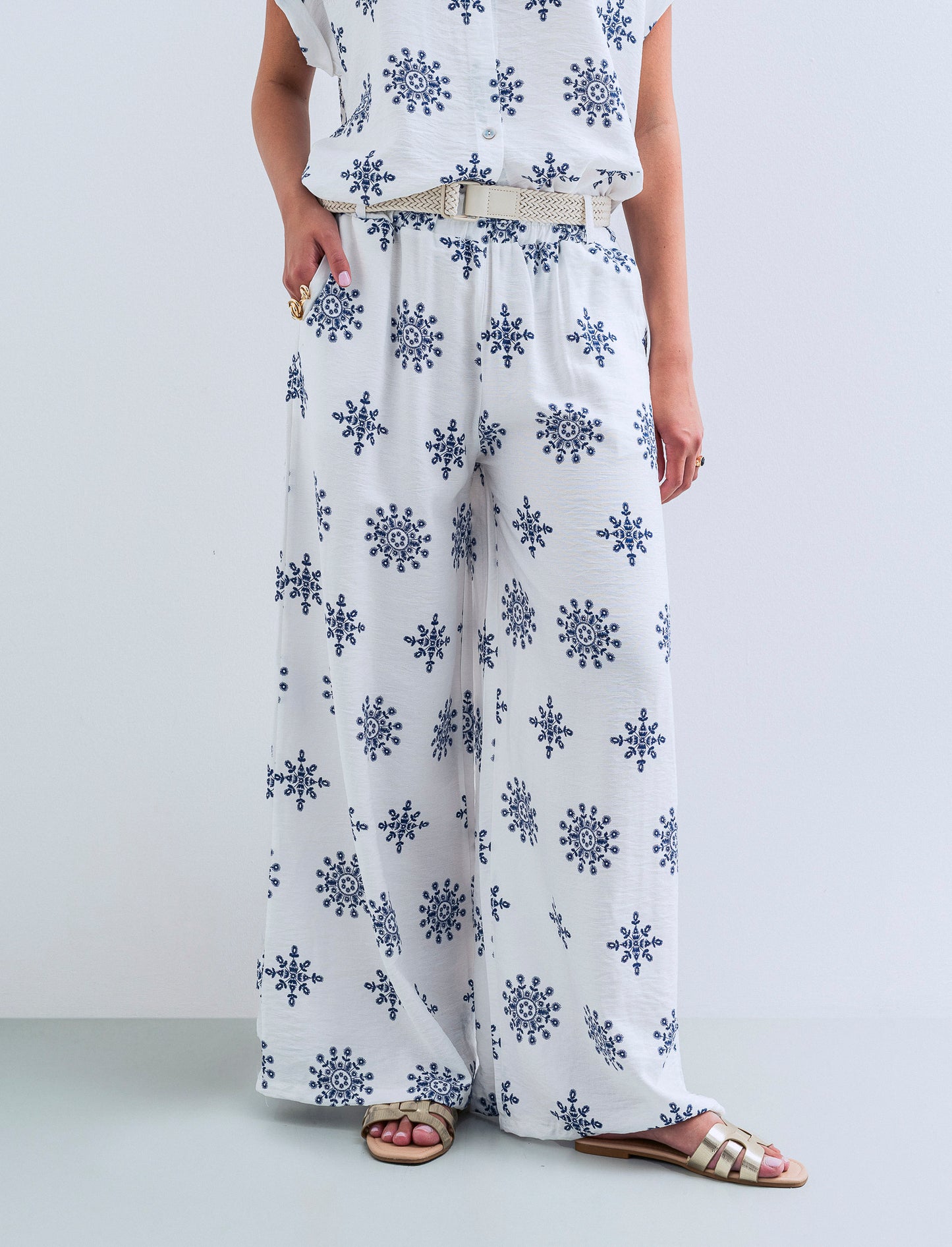 Pantalone palazzo stampato con cintura - Bianco